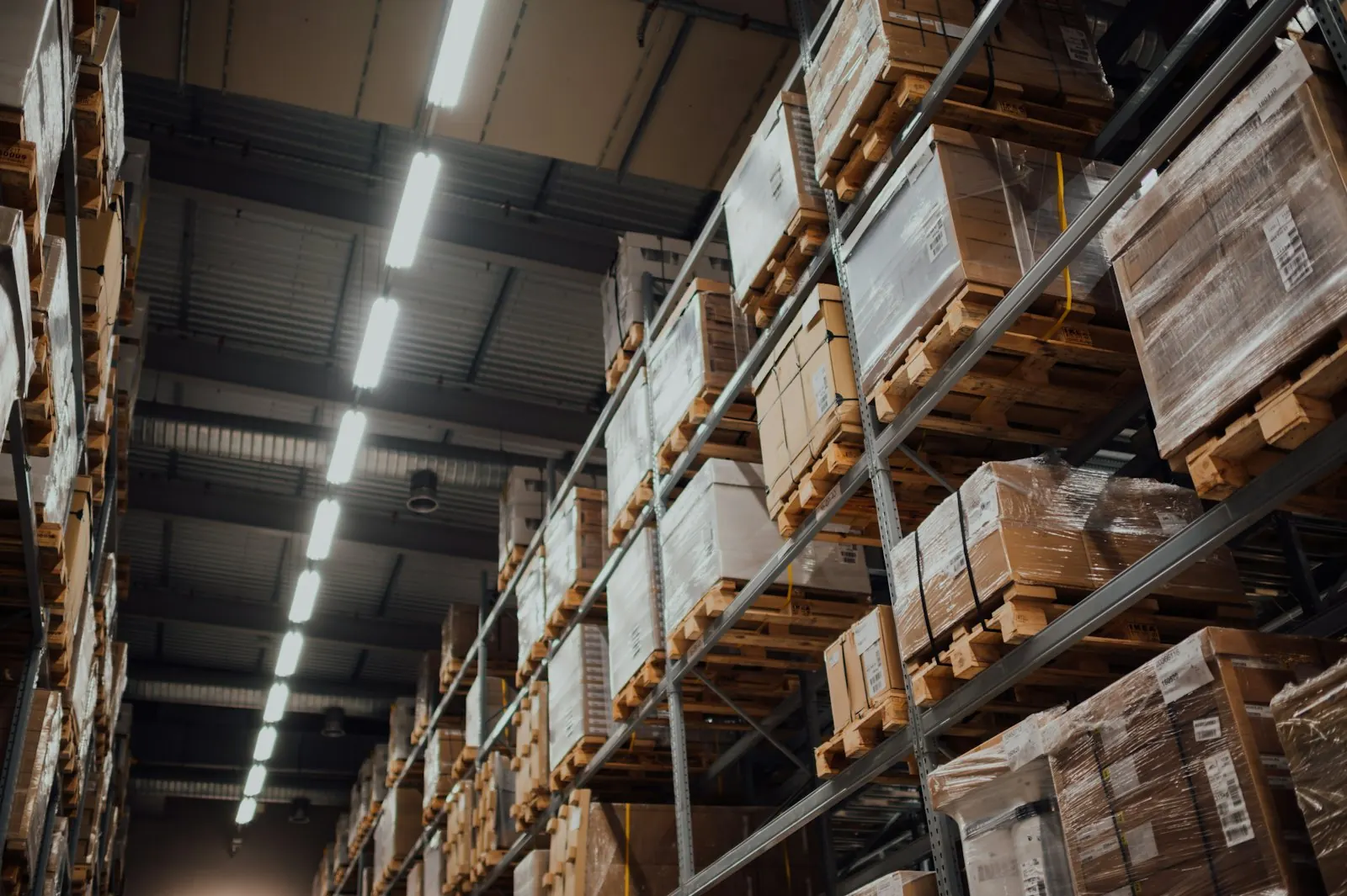 Pallet racking running the length of a distribution warehouse